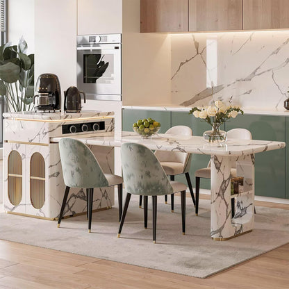 Marble Kitchen Island with Extendable Dining Table, Power Station & Storage Cabinet