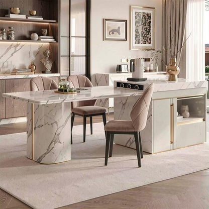 60"-79"Luxury White Marble Kitchen Island with Extendable Dining Table & Gold Trim