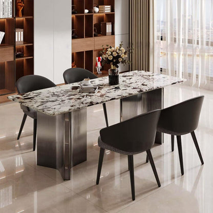 55.12"-78.74"Rectangular Sintered Stone Dining Table, Natural Veined Marble Top with Metal Base