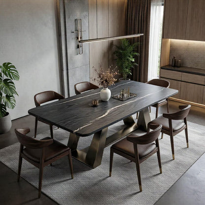 55.12"-78.74"Modern Dark Marble Dining Table, Contemporary Table with Unique V-Shaped Metal Legs