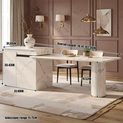 60"-79"Modern Marble Kitchen Island with Extendable Dining Table & Built-in Power Outlets
