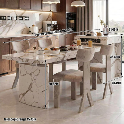 60"-79"Marble Kitchen Island Dining Combo with Built-in Outlets & Storage Cabinet