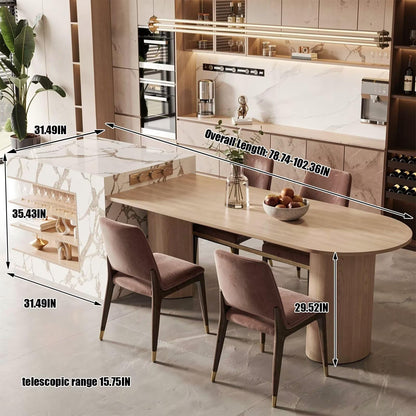 60“-79”Light Wood Kitchen Island Dining Set with Marble Accent, Built-in Outlets & Wine Storage