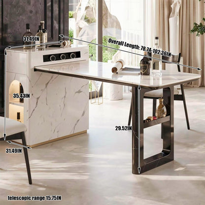 60"-79"White Marble Kitchen Island Dining Combo with Built-in Outlets & Side Storage