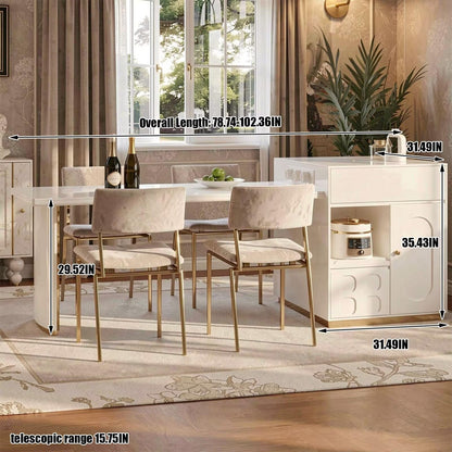 60"-79"Luxury White Kitchen Island with Extendable Dining Table & Side Storage