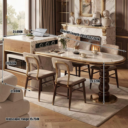 60"-79"French Style Marble Kitchen Island with Oval Dining Table & Built-in Power Station