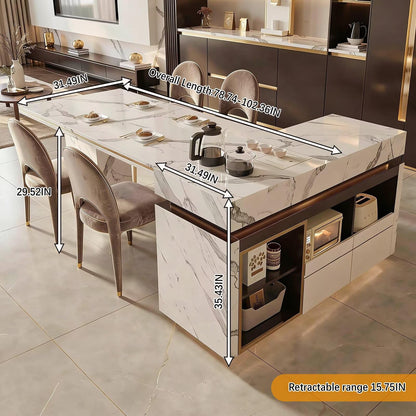 60"-79"Marble Kitchen Island Dining Combo with Built-in Tea Station & Open Storage