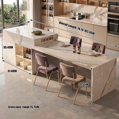 60"-79"Modern Marble Kitchen Island Dining Combo with Built-in Outlets & Open Wine Storage