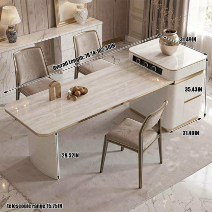 60"-79"Cream Marble Kitchen Island Dining Combo with Built-in Outlets & Storage Drawers