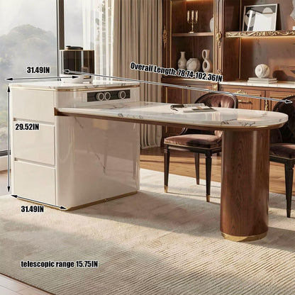60"-79"Luxury Marble & Wood Kitchen Island Dining Combo with Built-in Outlets & Drawers