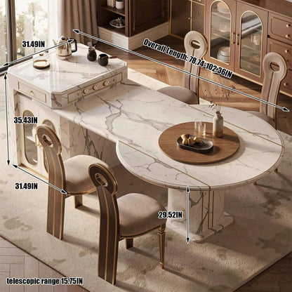60"-79"Marble Kitchen Island Dining Combo with Built-in Outlets, Storage & Lazy Susan