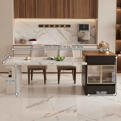 60"-79"Marble & Wood Kitchen Island Dining Combo with Built-in Storage Cabinet
