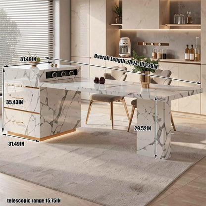 60"-79"Modern White Marble Kitchen Island Combo with Dining Table & Drawer Storagen