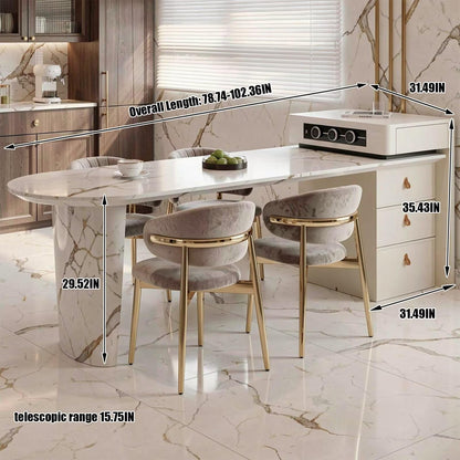 60"-79"Modern Oval Marble Kitchen Island with Integrated Dining Table & Gold Accents