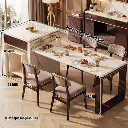 60"-79"Modern Kitchen Island with Marble Top, Wooden Base & Integrated Dining Table