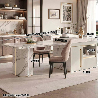 60"-79"Luxury White Marble Kitchen Island with Extendable Dining Table & Gold Trim