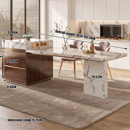 60"-79"Elegant Marble Kitchen Island Dining Set with Wood Accents & Integrated Storage