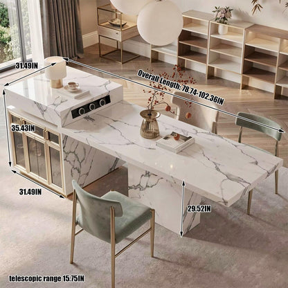 Luxury Marble Kitchen Island with Dining Table, Gold Trim & Built-in Power Station