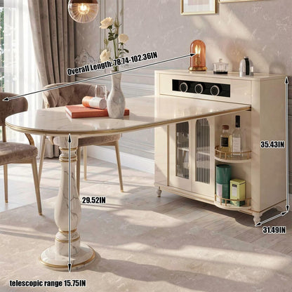 60"-79"Luxury Marble Kitchen Island with Oval Dining Table, Gold Trim & Wine Storage