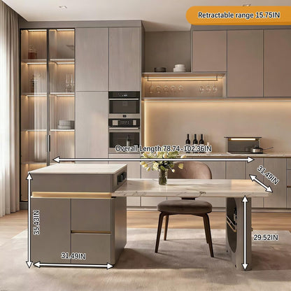 60"-79"Modern Kitchen Island Dining Combo with Marble Top, LED Light & Built-in Outlets