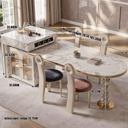 60"-79"Luxury Marble Kitchen Island with Oval Dining Table, Tea Station & Gold Trim