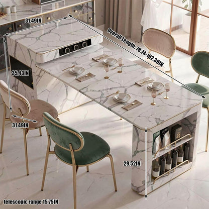 60"-79"Marble Kitchen Island Dining Table with Wine Rack & Storage, Luxury Gold Trim