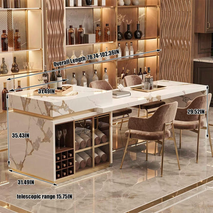 60"-79"Luxury Marble Kitchen Island Dining Combo with Built-in Wine Rack & Gold Trim