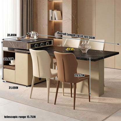 60-79"Modern Black Marble Kitchen Island with Dining Table & Built-in Power Station