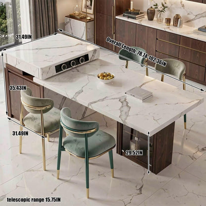 60"-79"Luxury Marble Kitchen Island with Dining Table, Built-in Power Station & Wood Storage