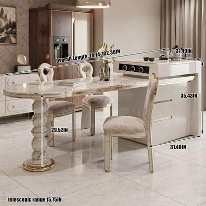 60"-79"Luxury Oval Marble Kitchen Island with Gold Trim, Built-in Power & Cabinet Storage