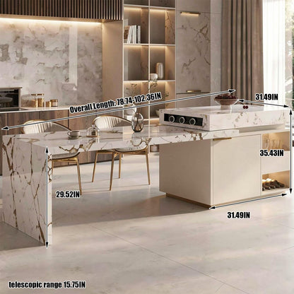 Elegant Italian Style Kitchen Island with Marble Top, Gold Base & Built-in Power Hub