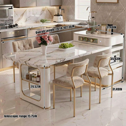 60"-79"Luxury Marble Kitchen Island Dining Combo with Built-in Outlets & Open Storage