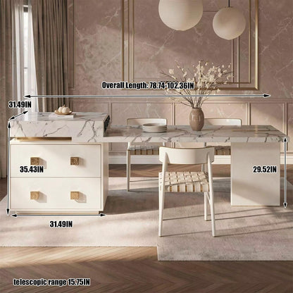 60"-79"Elegant Calacatta Marble Kitchen Island with Dining Table & Storage Cabinet
