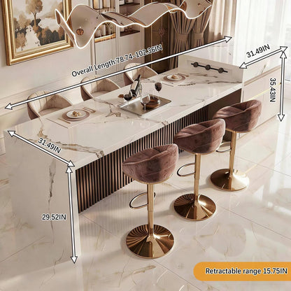 60"-79"Modern Marble Kitchen Island Bar Combo with Built-in Outlets & Gold Accents