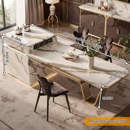60"-79"Luxury Marble Kitchen Island Dining Combo with Built-in Outlets & Gold Trim Drawers