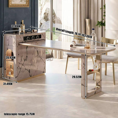 60"-79"Luxury Pink Marble Extendable Kitchen Island with Gold Trim & Side Wine Rack