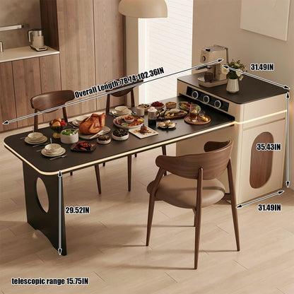 60"-79"Cream Style Kitchen Island with Black Dining Top, Power Outlets & Storage Cabinet