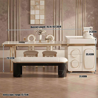 60"-79"White & Gold Kitchen Island Dining Combo with Built-in Outlets & Storage Cabinet