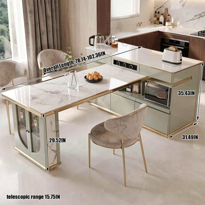 60"-79"Light Green Marble Kitchen Island Dining Combo with Built-in Outlets & Storage