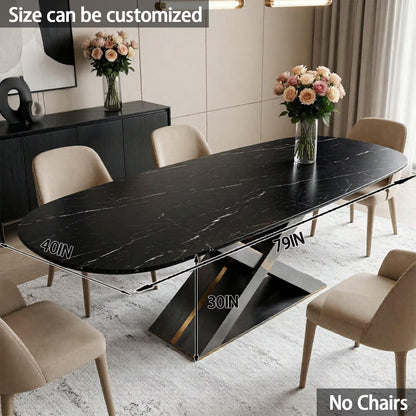 55.12"-78.74"Luxury Black Marble Oval Dining Table, Contemporary Table with Sleek Gold Metal Legs