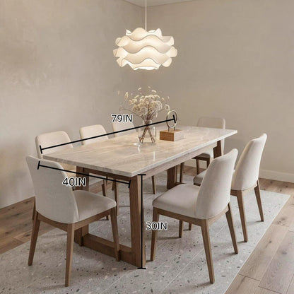 55.12"-78.74"Light Marble Dining Table, Modern Rectangular Table with Solid Wood Legs