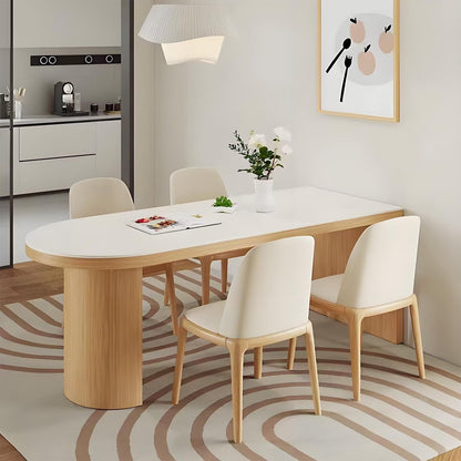 62"-78"Contemporary Mid-Century Dining Table, Cream Top & Natural Wood Legs