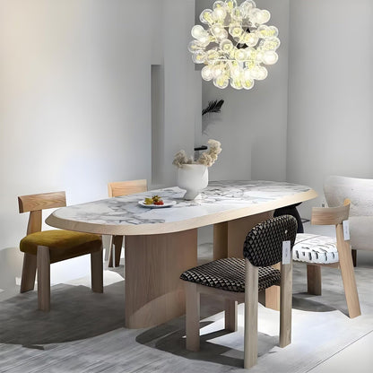 62"-78"Modern Oval Dining Table with Marble Top & Light Wood Base for 6-8 People