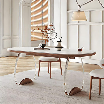 62"-78"Modern Oval Dining Table with Sintered Stone Top & Acrylic Legs for 4-6 People