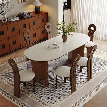 62"-78"Retro Modern Dining Table, Rounded Oval Top with Dark Wood Base for 4-6