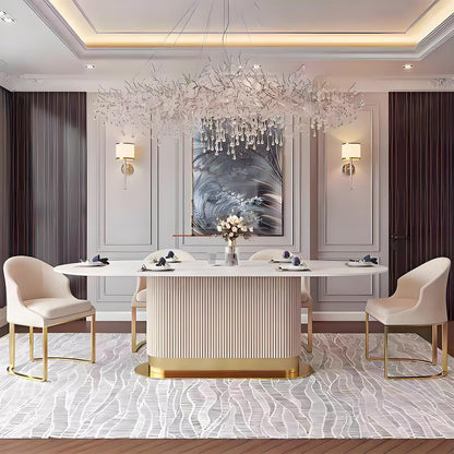 62“-78”Luxury Oval Dining Table with White Marble Top & Gold Base for 6-8 People