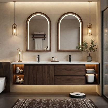 60"-96"Dark Walnut Floating Bathroom Vanity with LED Arched Mirrors & Open Shelves