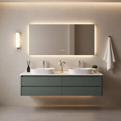 60”-84”Modern Double Sink Bathroom Vanity with LED Mirror, Green Floating Cabinet