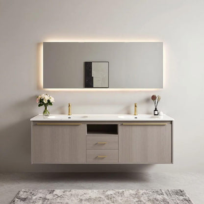 60"-96"Light Gray Oak Floating Bathroom Vanity with Double Sinks & LED Backlit Mirror