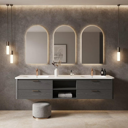 60"-96"Gray Floating Bathroom Vanity with Double Sinks & LED Arched Mirrors